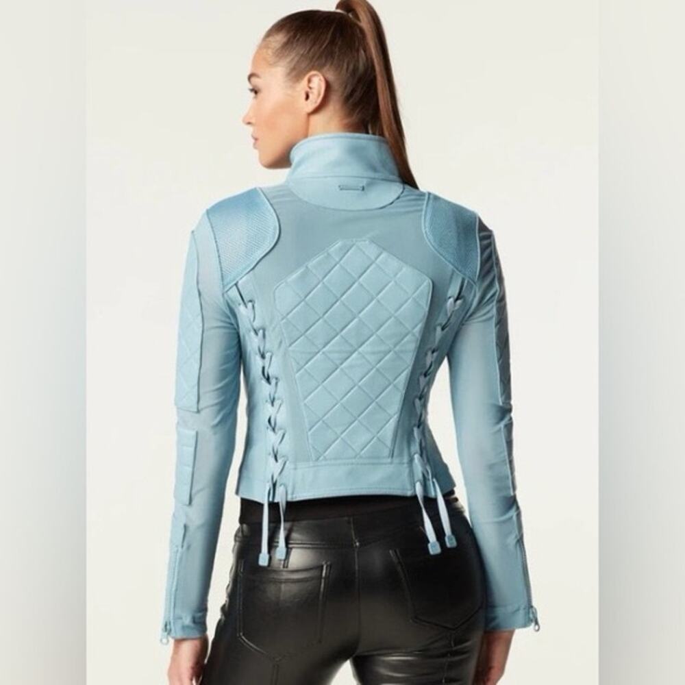 Blanc Noir Blue Leather Moto Mesh Jacket - Picture 2 of 12
